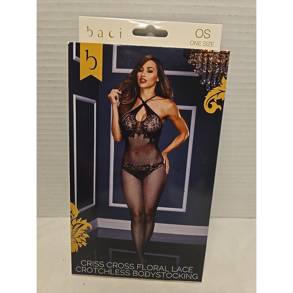 Criss Cross Floral Lace Crotchless‎ Bodystocking Black One Size Fits Most New